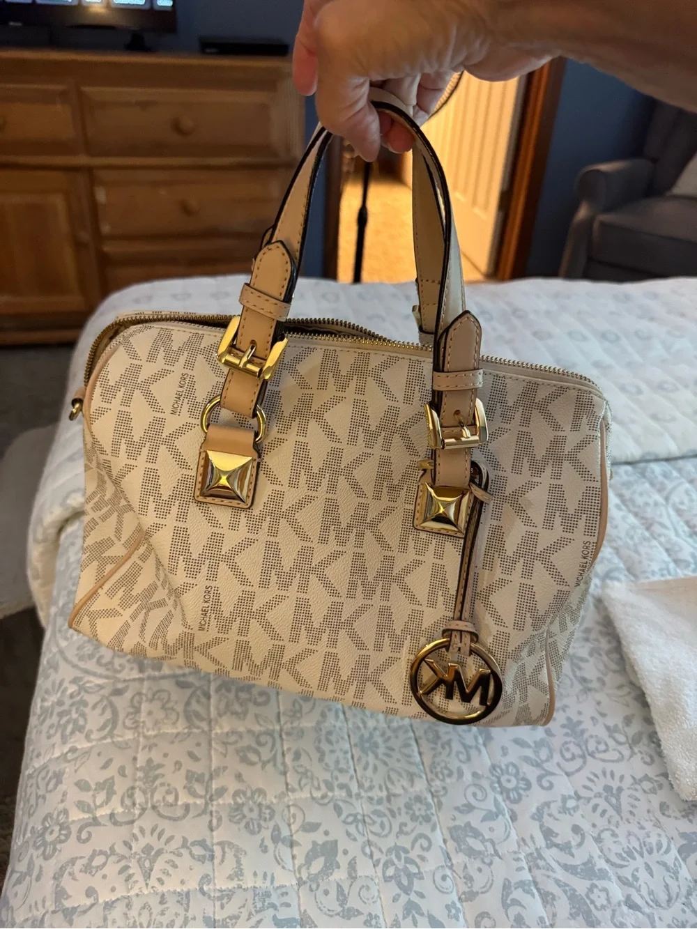 Michael Kors Beige Logo Dome Satchel with Gold Hardware